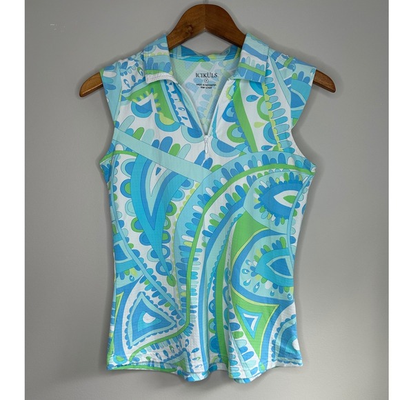 IBKUL Tops - Icikuls Sleeveless Polo Women S Blue Green EUC Vibrant Paisley Performance Top